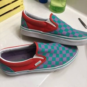 Red/Green/Purple Checkered Slip On Vans USED ONCE!